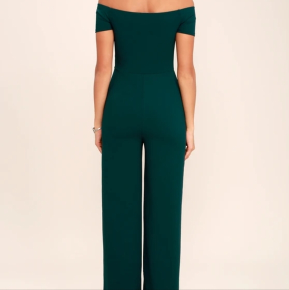 Lulus Alleyoop Dark Green Off-the-shoulder Jumpsuit - Size Small - Picture 2 of 4